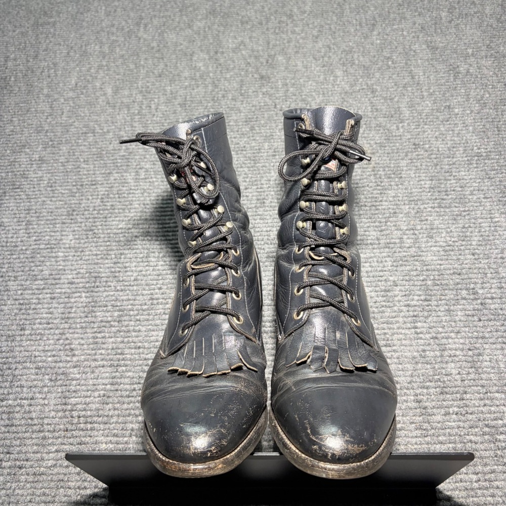 Vintage Justin Boots Mens 9 D Style 504 Black Leather Kiltie Packer Lacer USA